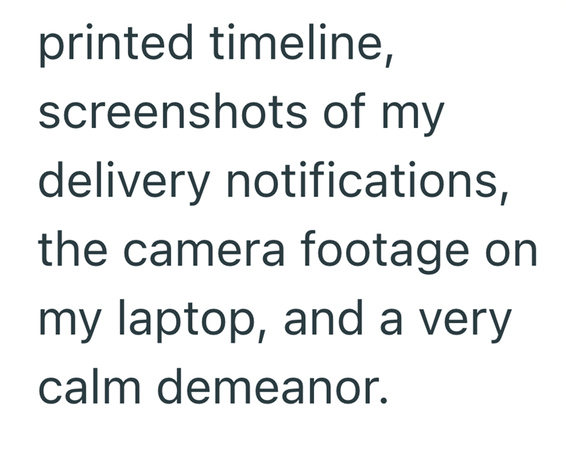 printed timeline, screenshots of my delivery notifications, the camera footage on my laptop, and a very calm demeanor.