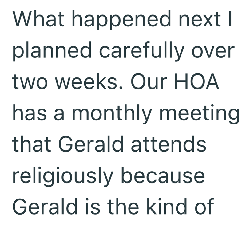 What happened next I planned carefully over two weeks. Our HOA has a monthly meeting that Gerald attends religiously because Gerald is the kind of