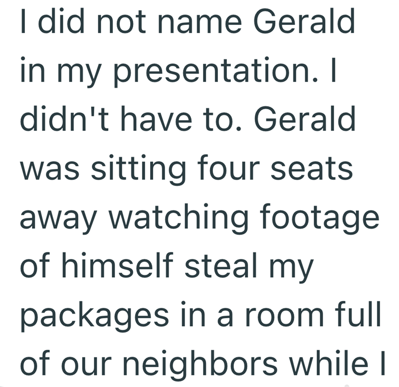 I did not name Gerald in my presentation. I didn't have to. Gerald was sitting four seats away watching footage of himself steal my packages in a room full of our neighbors while I