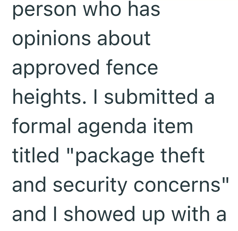 person who has opinions about approved fence heights. I submitted a formal agenda item titled "package theft and security concerns" and I showed up with a