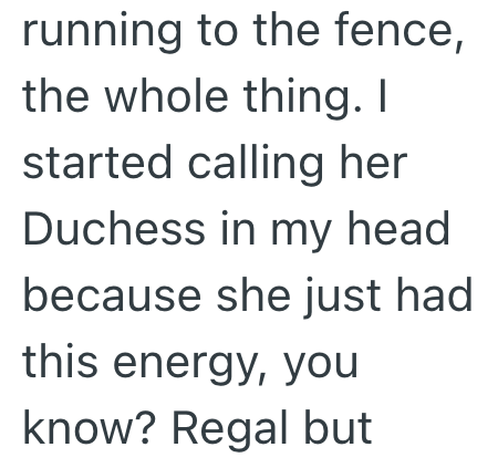 running to the fence, the whole thing. I started calling her Duchess in my head because she just had this energy, you know? Regal but