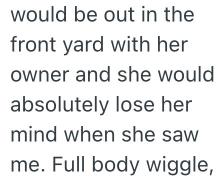 would be out in the front yard with her owner and she would absolutely lose her mind when she saw me. Full body wiggle,