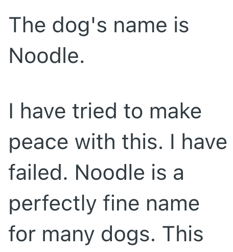 The dog's name is Noodle. I have tried to make peace with this. I have failed. Noodle is a perfectly fine name for many dogs. This