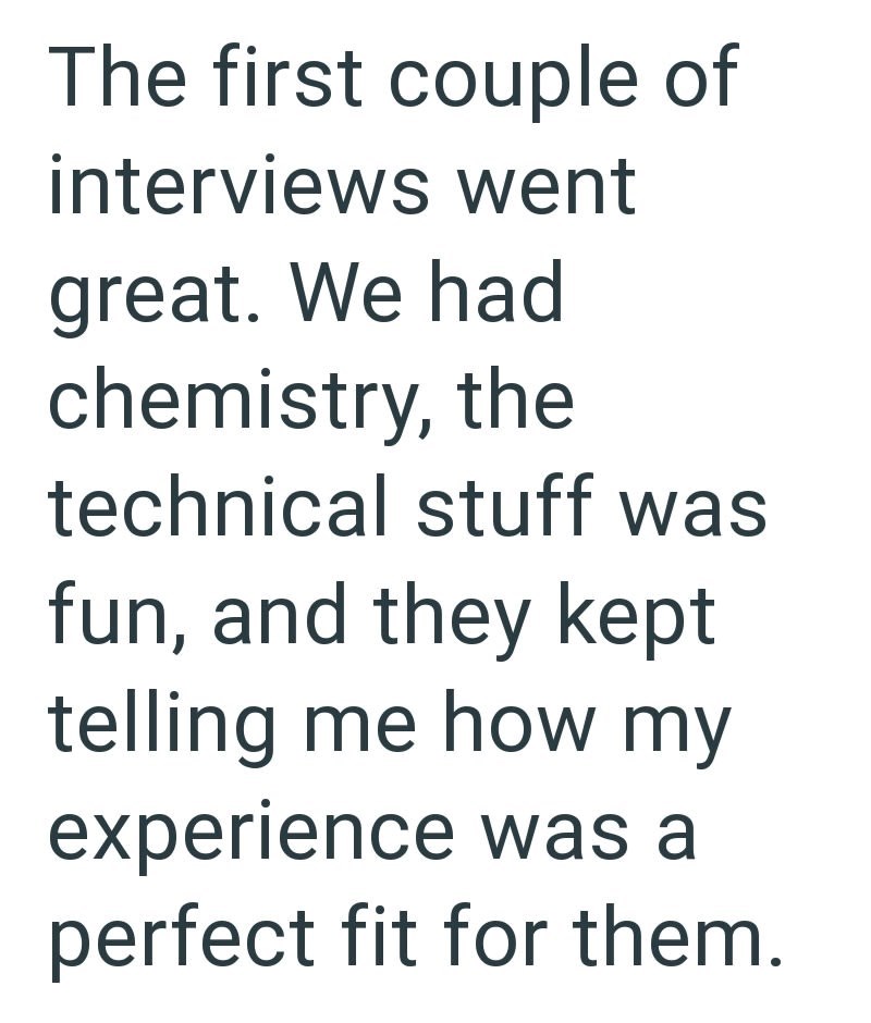 The first couple of interviews went great. We had chemistry, the technical stuff was fun, and they kept telling me how my experience was a perfect fit for them.