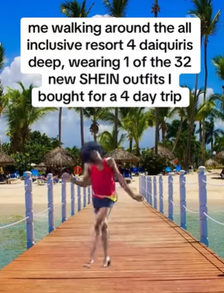 me walking around the all inclusive resort 4 daiquiris deep, wearing 1 of the 32 new SHEIN outfits I bought for a 4 day trip