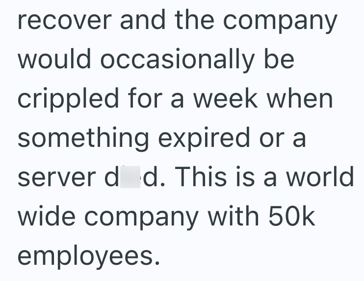 recover and the company would occasionally be crippled for a week when something expired or a server did. This is a world wide company with 50k employees.