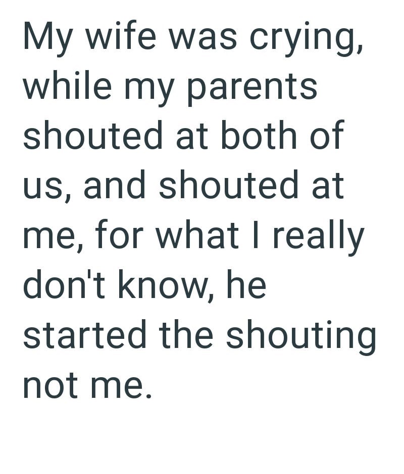 My wife was crying, while my parents shouted at both of us, and shouted at me, for what I really don't know, he started the shouting not me.