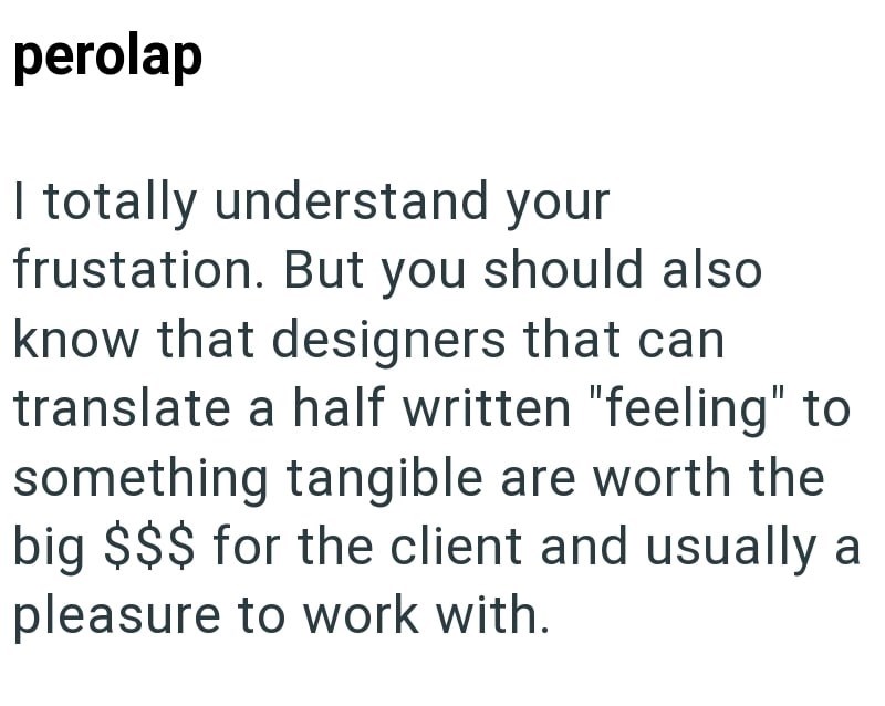 perolap I totally understand your frustation. But you should also know that designers that can translate a half written "feeling" to something tangible are worth the big $$$ for the client and usually a pleasure to work with.