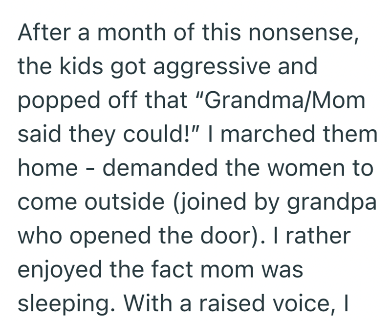 After a month of this nonsense, the kids got aggressive and popped off that "Grandma/Mom said they could!" I marched them home - demanded the women to come outside (joined by grandpa who opened the door). I rather enjoyed the fact mom was sleeping. With a raised voice, I