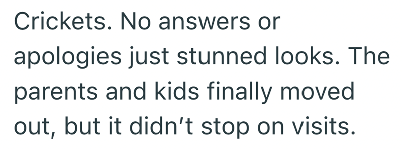 Crickets. No answers or apologies just stunned looks. The parents and kids finally moved out, but it didn't stop on visits.