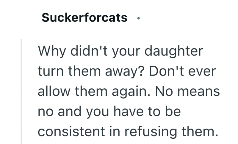 Suckerforcats Why didn't your daughter turn them away? Don't ever allow them again. No means no and you have to be consistent in refusing them.