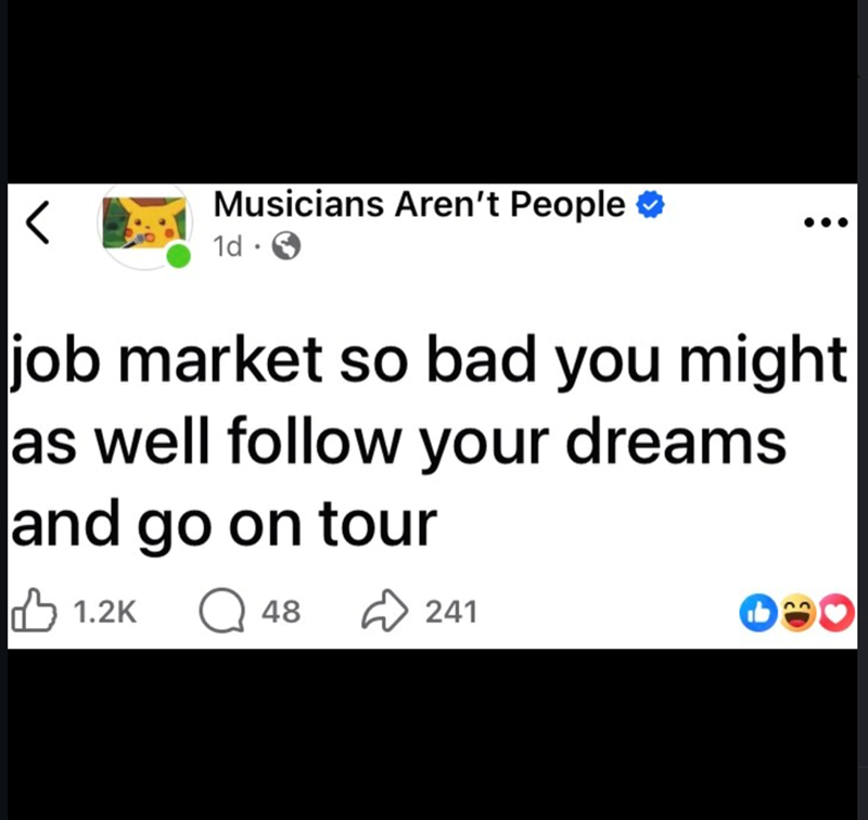 Musicians Aren't People 1d → job market so bad you might as well follow your dreams and go on tour 1.2K Q 48 241 23
