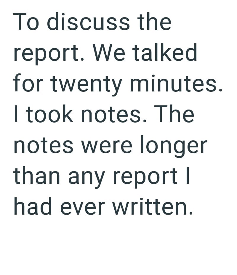 To discuss the report. We talked for twenty minutes. I took notes. The notes were longer than any report I had ever written.