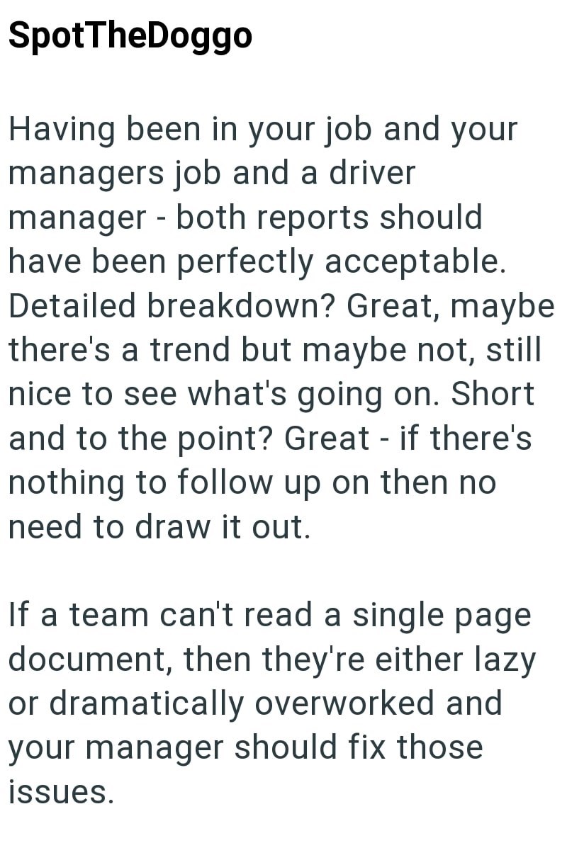 SpotTheDoggo Having been in your job and your managers job and a driver - manager both reports should have been perfectly acceptable. Detailed breakdown? Great, maybe there's a trend but maybe not, still nice to see what's going on. Short and to the point? Great - if there's nothing to follow up on then no need to draw it out. If a team can't read a single page document, then they're either lazy or dramatically overworked and your manager should fix those issues.