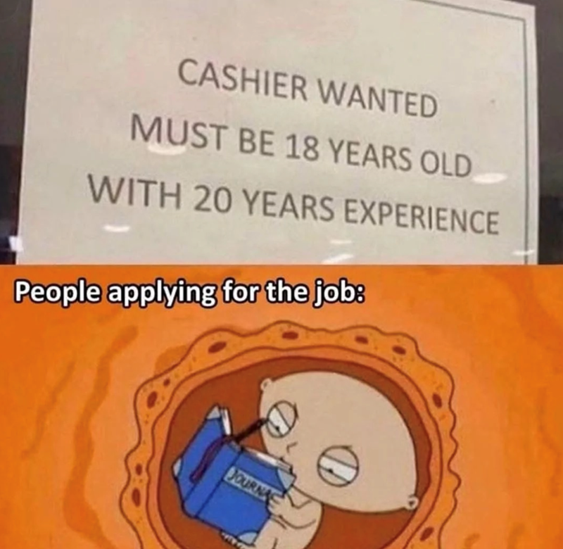 CASHIER WANTED MUST BE 18 YEARS OLD WITH 20 YEARS EXPERIENCE People applying for the job: JOURNA