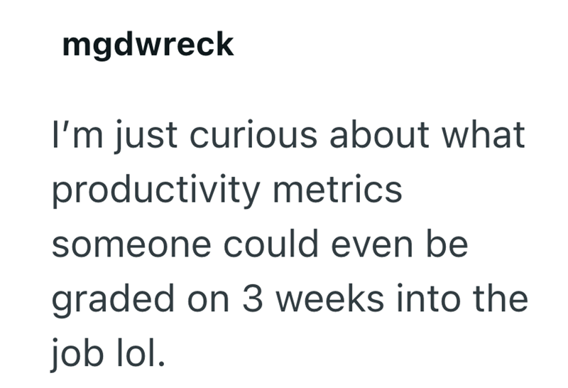 mgdwreck I'm just curious about what productivity metrics someone could even be graded on 3 weeks into the job lol.