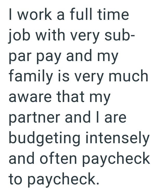 I work a full time job with very sub- par pay and my family is very much aware that my partner and I are budgeting intensely and often paycheck to paycheck.
