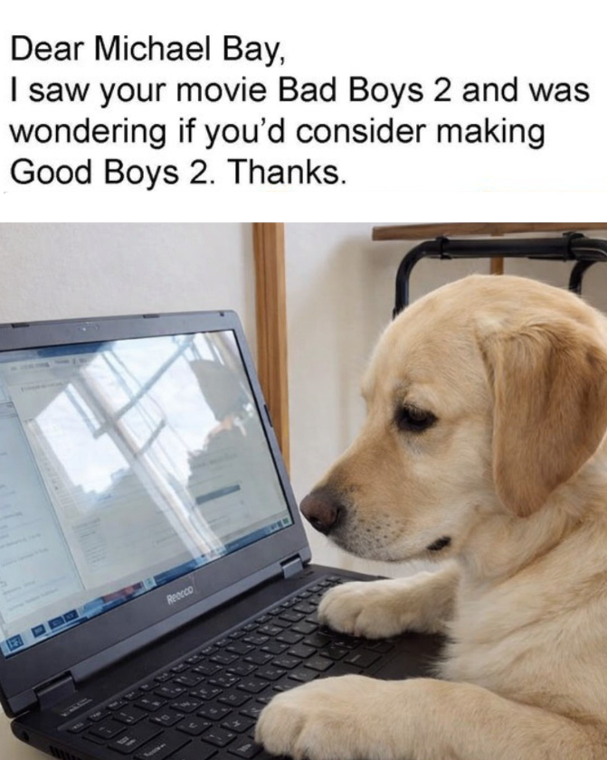 Dear Michael Bay, I saw your movie Bad Boys 2 and was wondering if you'd consider making Good Boys 2. Thanks. Reccco