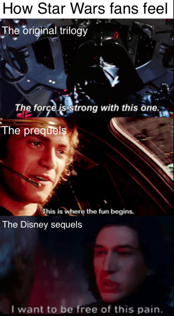 How Star Wars fans feel The original trilogy The force is strong with this one. The prequels This is where the fun begins. The Disney sequels I want to be free of this pain.
