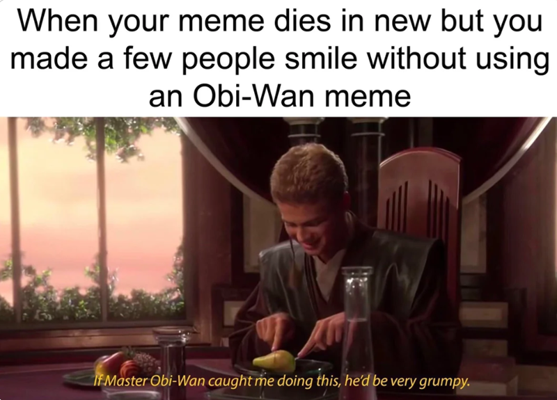 When your meme dies in new but you made a few people smile without using an Obi-Wan meme If Master Obi-Wan caught me doing this, he'd be very grumpy.