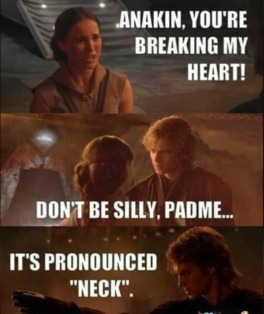 ANAKIN, YOU'RE BREAKING MY HEART! DON'T BE SILLY, PADME... IT'S PRONOUNCED "NECK".