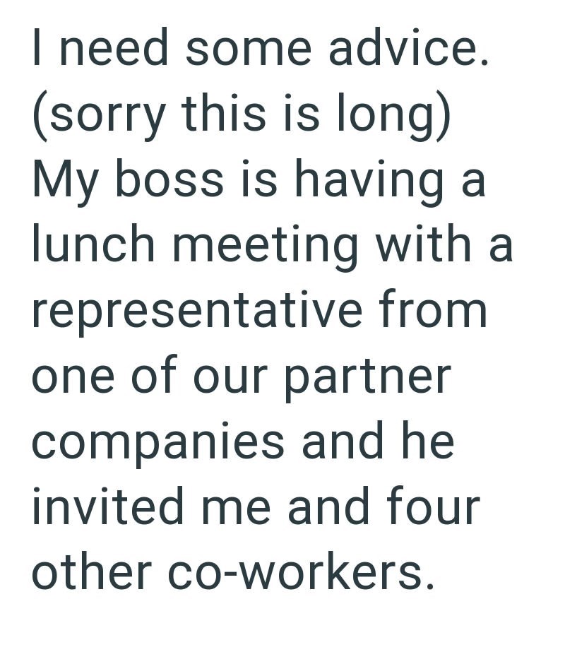 I need some advice. (sorry this is long) My boss is having a lunch meeting with a representative from one of our partner companies and he invited me and four other co-workers.