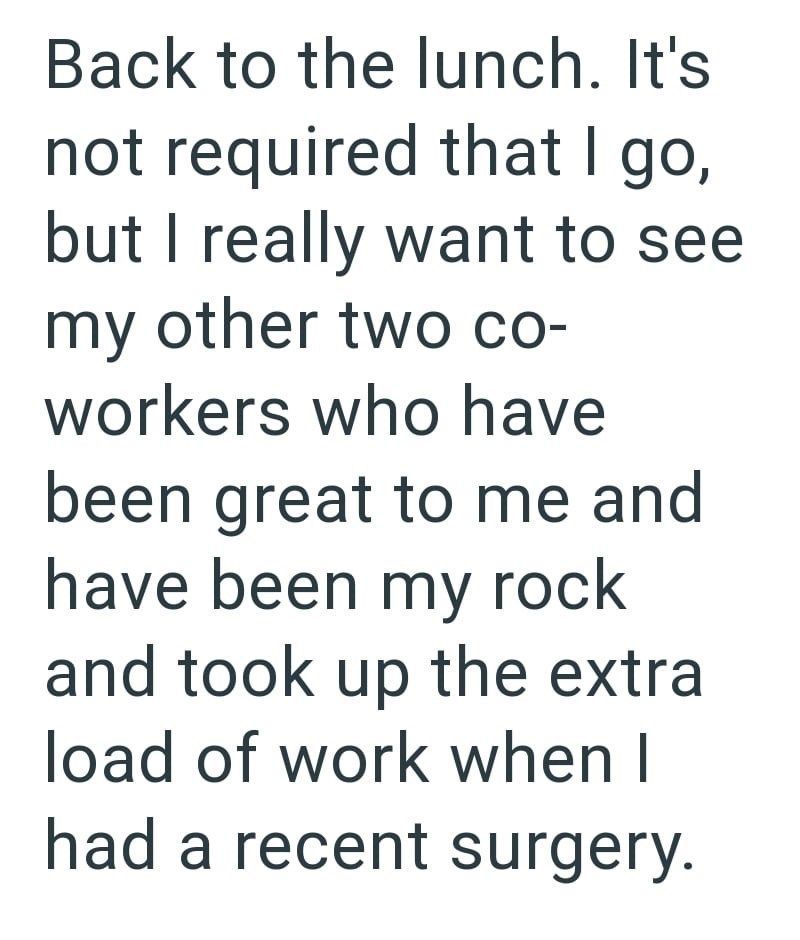 Back to the lunch. It's not required that I go, but I really want to see my other two co- workers who have been great to me and have been my rock and took up the extra load of work when I had a recent surgery.