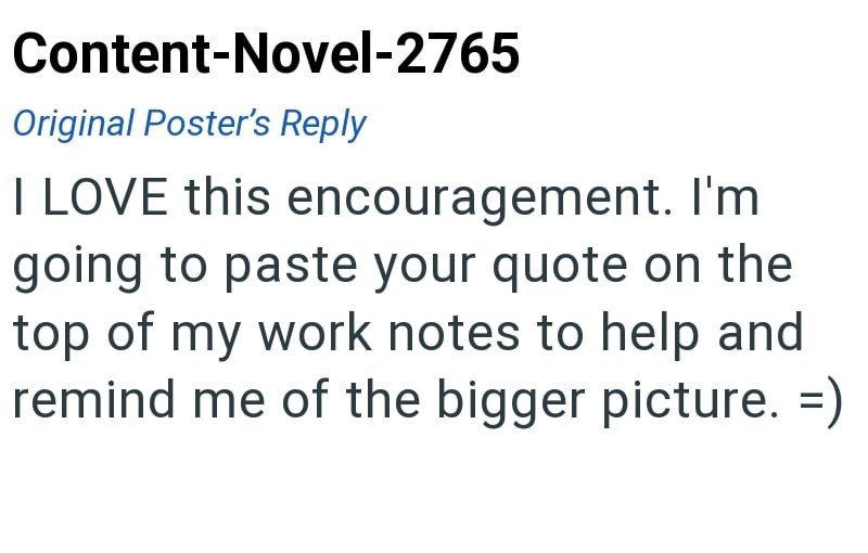 Content-Novel-2765 Original Poster's Reply I LOVE this encouragement. I'm going to paste your quote on the top of my work notes to help and remind me of the bigger picture. =)