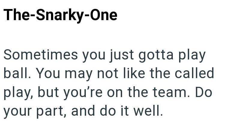 The-Snarky-One Sometimes you just gotta play ball. You may not like the called play, but you're on the team. Do your part, and do it well.