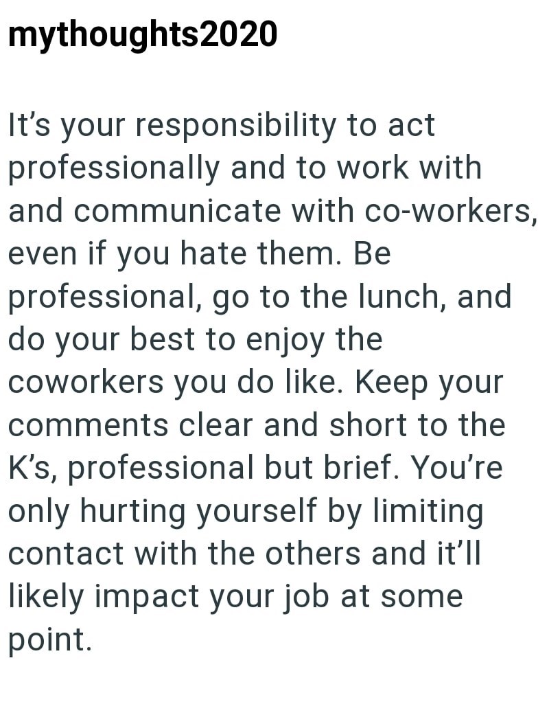mythoughts2020 It's your responsibility to act professionally and to work with and communicate with co-workers, even if you hate them. Be professional, go to the lunch, and do your best to enjoy the coworkers you do like. Keep your comments clear and short to the K's, professional but brief. You're only hurting yourself by limiting contact with the others and it'll likely impact your job at some point.