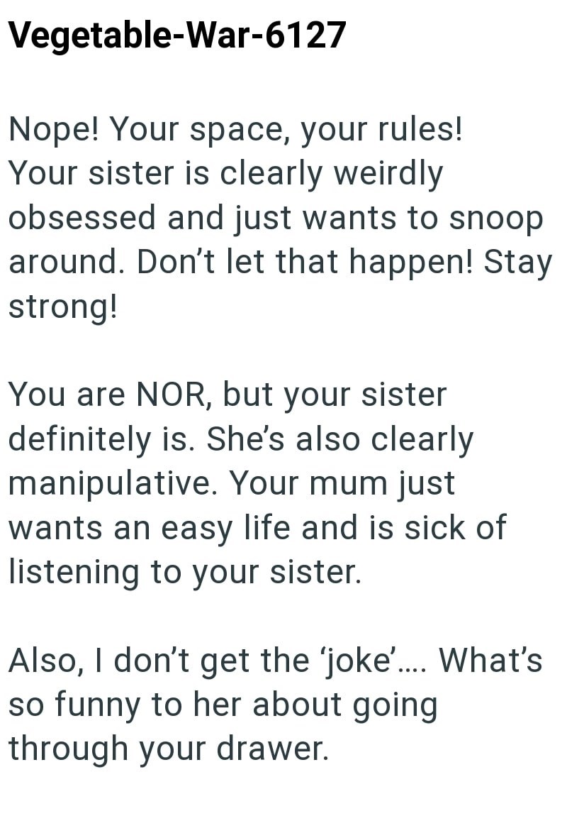 Vegetable-War-6127 Nope! Your space, your rules! Your sister is clearly weirdly obsessed and just wants to snoop around. Don't let that happen! Stay strong! You are NOR, but your sister definitely is. She's also clearly manipulative. Your mum just wants an easy life and is sick of listening to your sister. Also, I don't get the 'joke'.... What's so funny to her about going through your drawer.