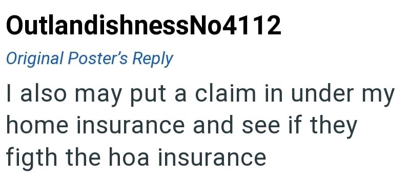 OutlandishnessNo4112 Original Poster's Reply I also may put a claim in under my home insurance and see if they figth the hoa insurance