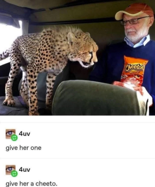 4uv give her one 4uv give her a cheeto. Cheetos