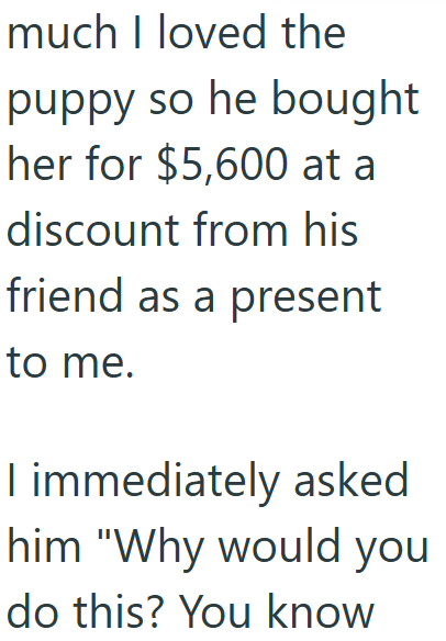much I loved the puppy so he bought her for $5,600 at a discount from his friend as a present to me. I immediately asked him "Why would you do this? You know