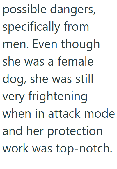 possible dangers, specifically from men. Even though she was a female dog, she was still very frightening when in attack mode and her protection work was top-notch.