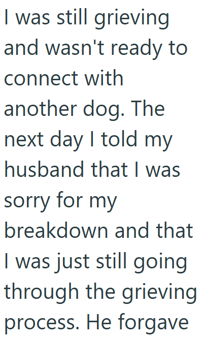 I was still grieving and wasn't ready to connect with another dog. The next day I told my husband that I was sorry for my breakdown and that I was just still going through the grieving process. He forgave