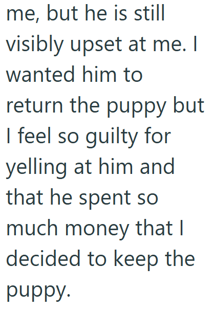 me, but he is still visibly upset at me. I wanted him to return the puppy but I feel so guilty for yelling at him and that he spent so much money that I decided to keep the puppy.