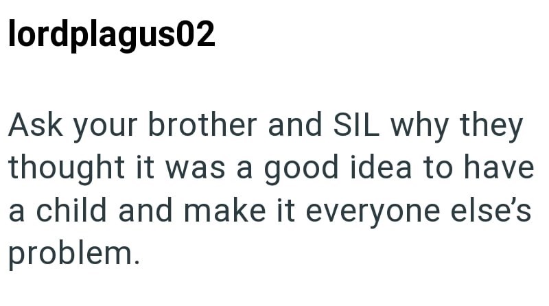 lordplagus02 Ask your brother and SIL why they thought it was a good idea to have a child and make it everyone else's problem.