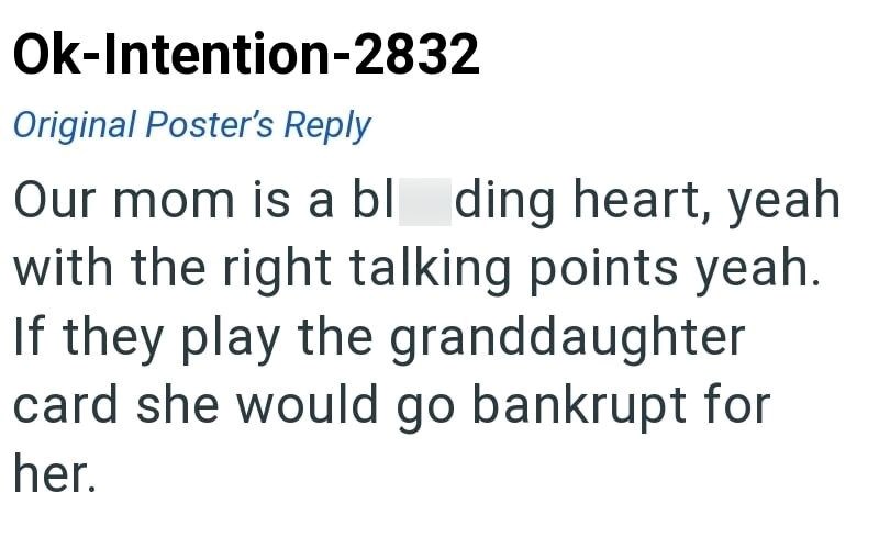 Ok-Intention-2832 Original Poster's Reply Our mom is a bl ding heart, yeah with the right talking points yeah. If they play the granddaughter card she would go bankrupt for her.