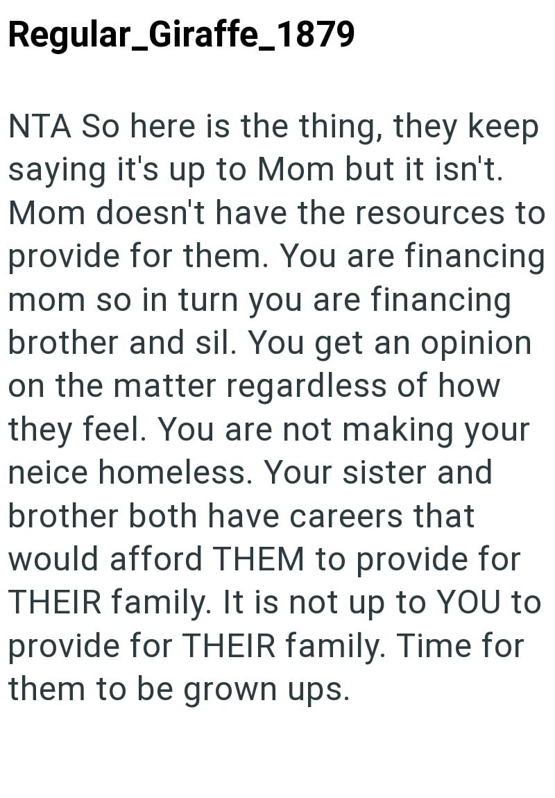 Regular_Giraffe_1879 NTA So here is the thing, they keep saying it's up to Mom but it isn't. Mom doesn't have the resources to provide for them. You are financing mom so in turn you are financing brother and sil. You get an opinion on the matter regardless of how they feel. You are not making your neice homeless. Your sister and brother both have careers that would afford THEM to provide for THEIR family. It is not up to YOU to provide for THEIR family. Time for them to be grown ups.