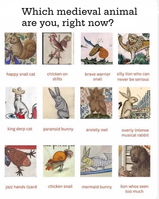 Which medieval animal are you, right now? happy snail cat chicken on stilts brave warrior silly lion who can snail never be serious king derp cat paranoid bunny anxiety owl overly intense musical rabbit jazz hands lizard chicken snail mermaid bunny lion whos seen too much