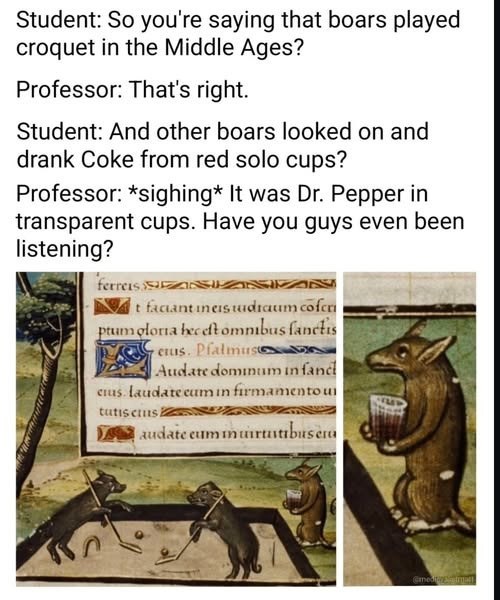Student: So you're saying that boars played croquet in the Middle Ages? Professor: That's right. Student: And other boars looked on and drank Coke from red solo cups? Professor: *sighing* It was Dr. Pepper in transparent cups. Have you guys even been listening? ferreis ZNZAN t faciantineisuudiaum cofen ptum gloria hec eft omnibus fanctis eus. Pfalmuse Audate dominum in fand cius laudate eum in firmamentou tutis cius N audate eum in uirtutibus eru Gmedia-girat