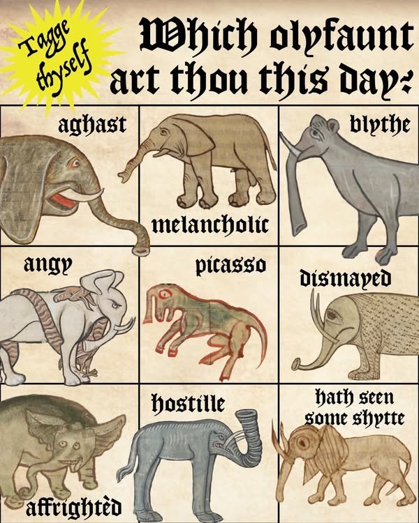 Tagge thyself Which olyfaunt art thou this day: aghast blythe melancholic angy picasso dismayed affrighted hostille hath seen some shytte