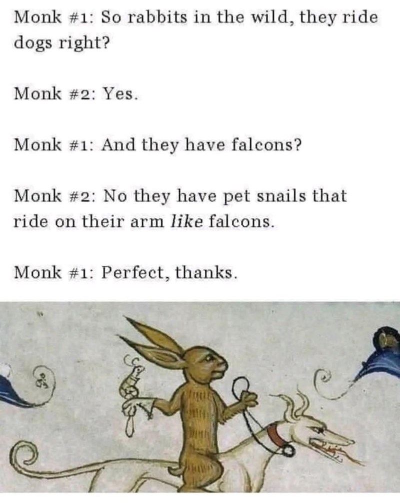 Monk #1: So rabbits in the wild, they ride dogs right? Monk #2: Yes. Monk #1: And they have falcons? Monk #2: No they have pet snails that ride on their arm like falcons. Monk #1: Perfect, thanks.