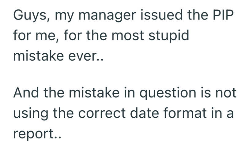 Guys, my manager issued the PIP for me, for the most stupid mistake ever.. And the mistake in question is not using the correct date format in a report..