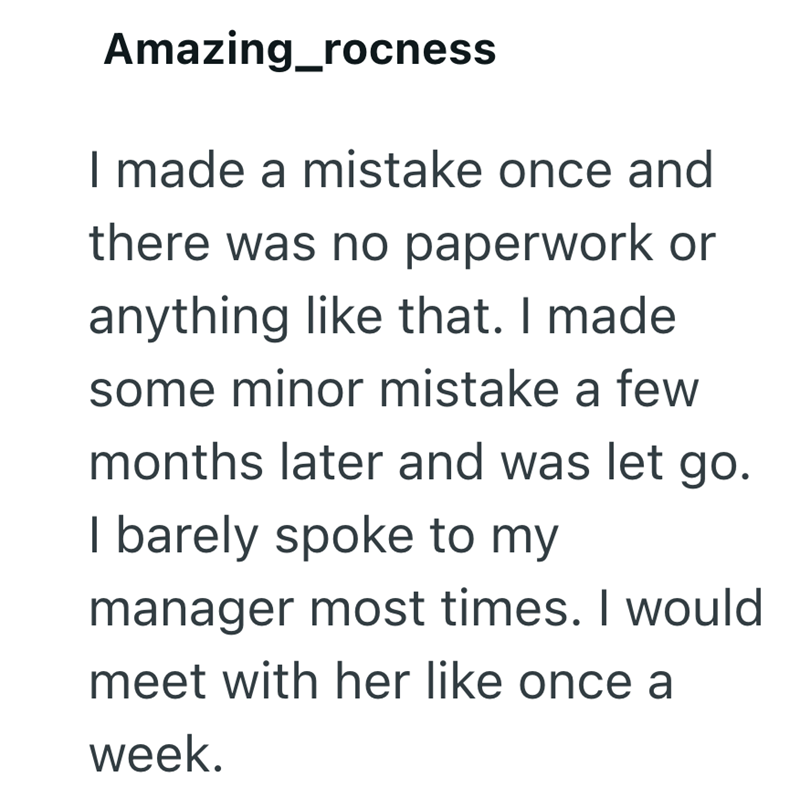 Amazing_rocness I made a mistake once and there was no paperwork or anything like that. I made some minor mistake a few months later and was let go. I barely spoke to my manager most times. I would meet with her like once a week.