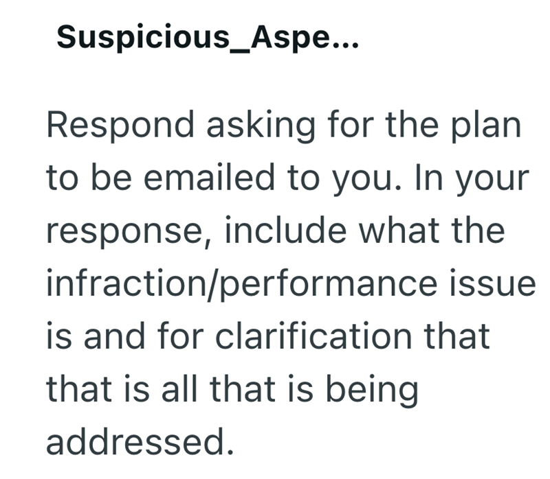 Suspicious_Aspe... Respond asking for the plan to be emailed to you. In your response, include what the infraction/performance issue is and for clarification that that is all that is being addressed.