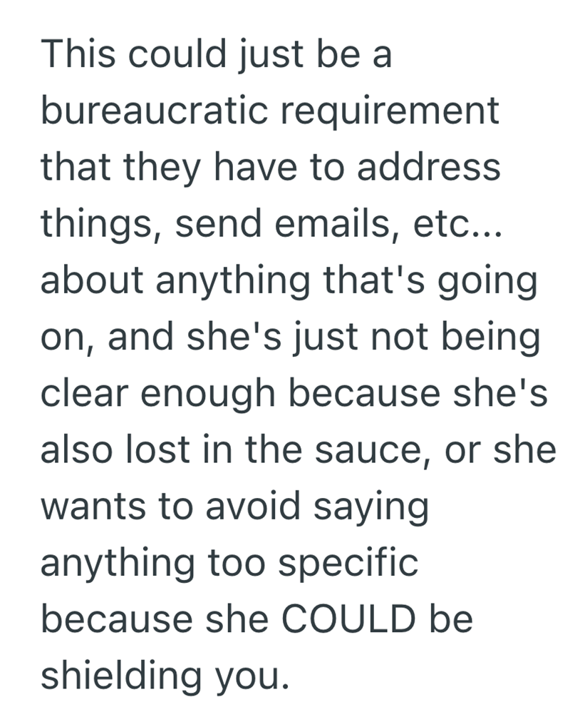 This could just be a bureaucratic requirement that they have to address things, send emails, etc... about anything that's going on, and she's just not being clear enough because she's also lost in the sauce, or she wants to avoid saying anything too specific because she COULD be shielding you.