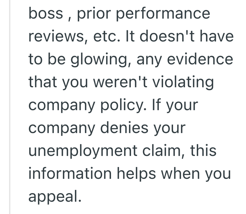 boss, prior performance reviews, etc. It doesn't have to be glowing, any evidence that you weren't violating company policy. If your company denies your unemployment claim, this information helps when you appeal.