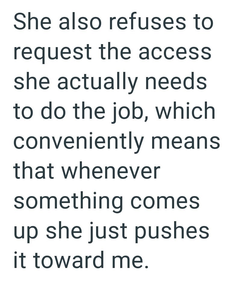 She also refuses to request the access she actually needs to do the job, which conveniently means that whenever something comes up she just pushes it toward me.